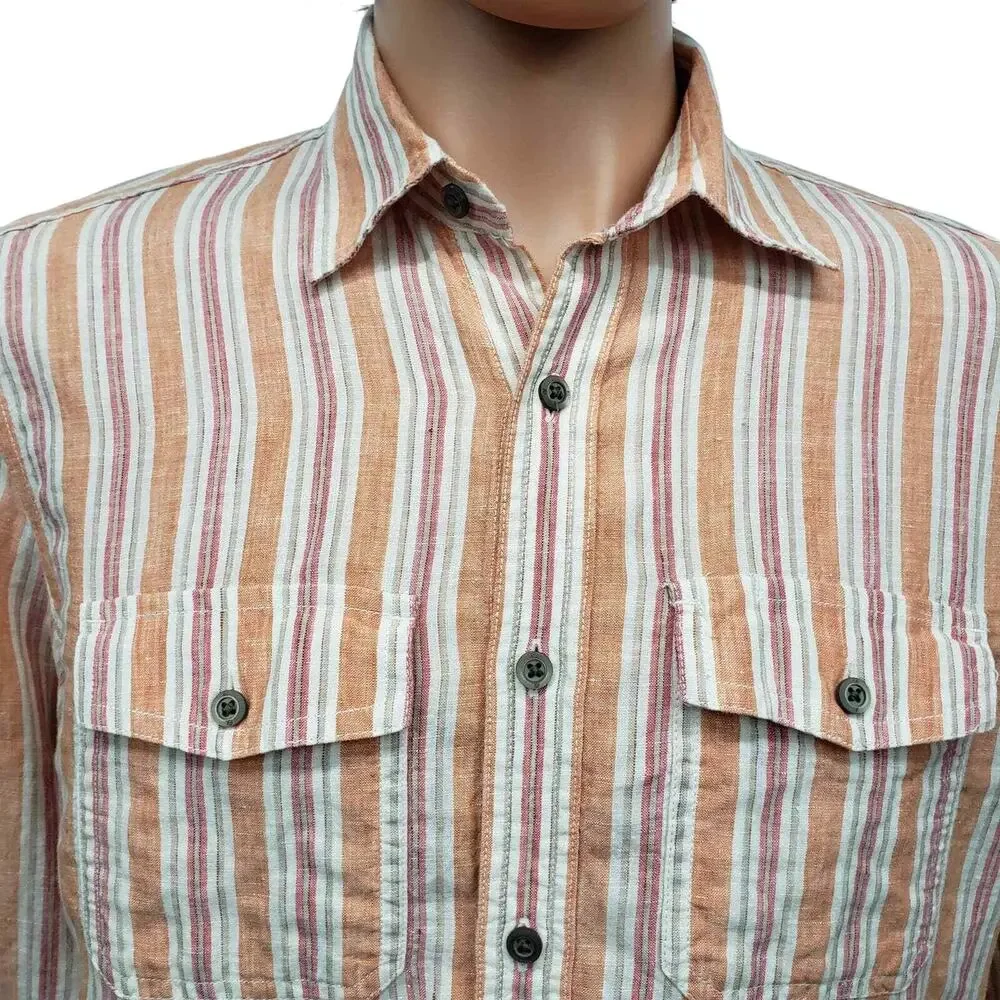 Banana Republic Linen Shirt Men S 14 / 14.5  Orange Stripe Long Sleeve Button Up